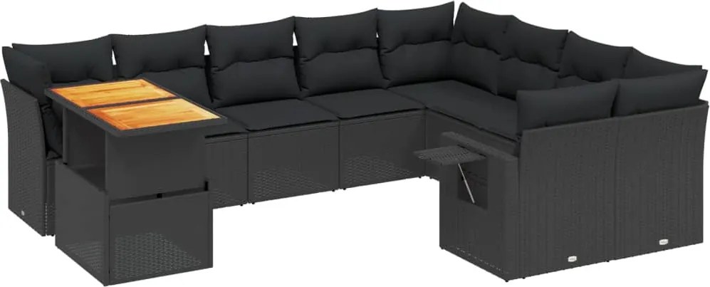 vidaXL 10 részes fekete polyrattan kerti ülőgarnitúra párnákkal