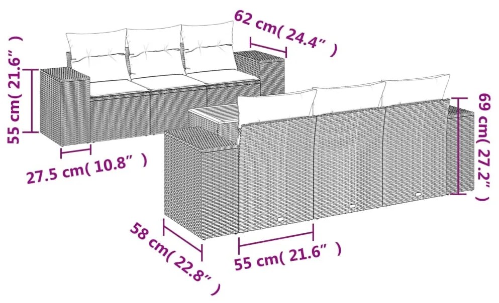 7 részes fekete polyrattan kerti ülőgarnitúra párnával