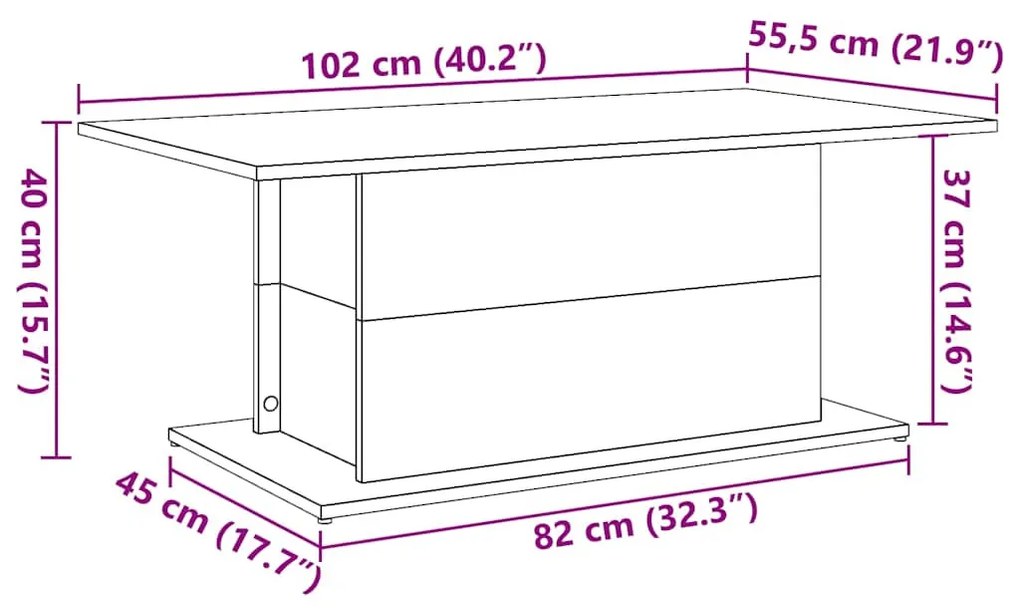kézműves tölgy színű szerelt fa dohányzóasztal 102x55,5x40 cm