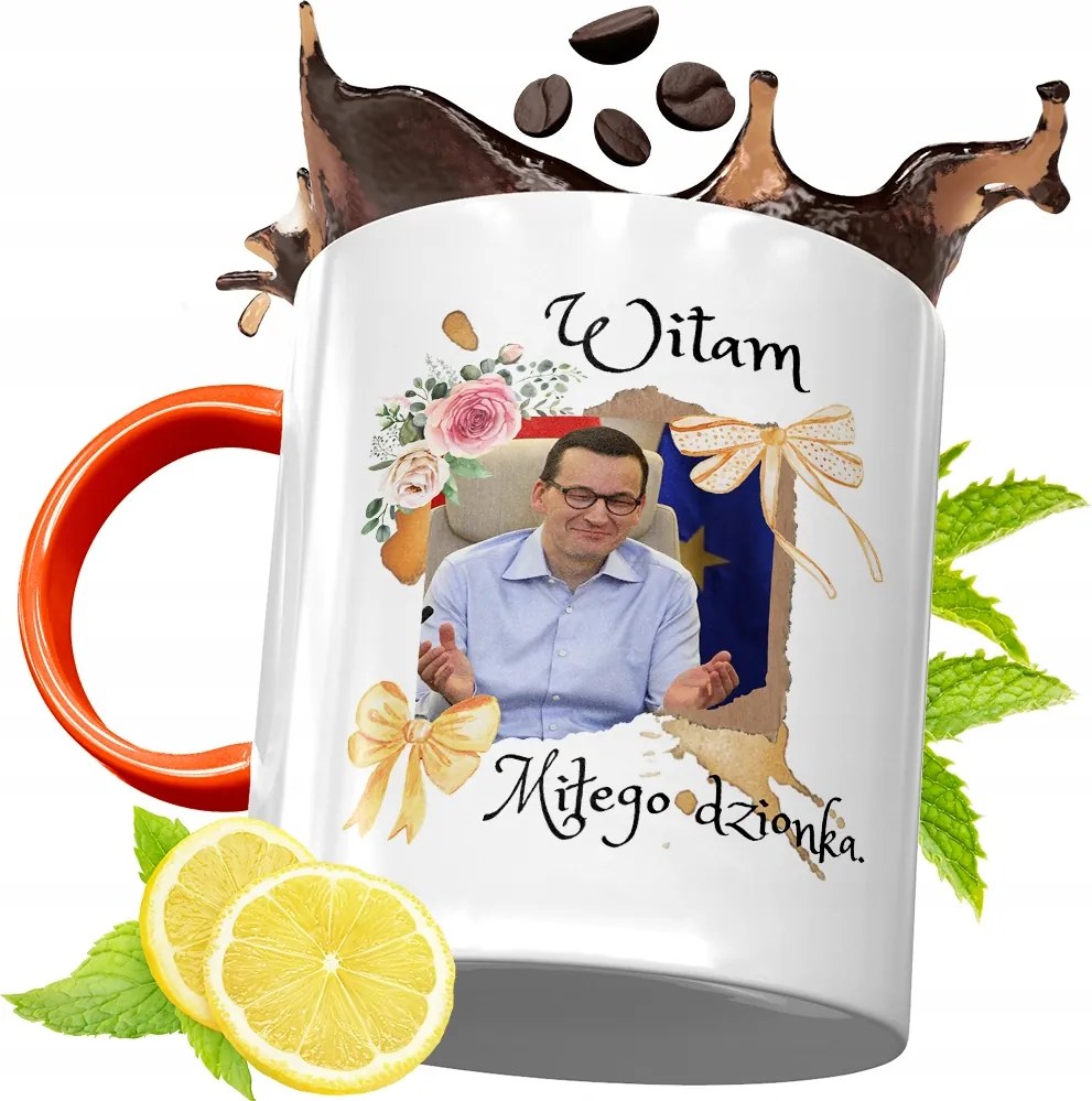 Narancssárga Bögre Mateusz Morawiecki Ajándék fényképes nyomtatással
