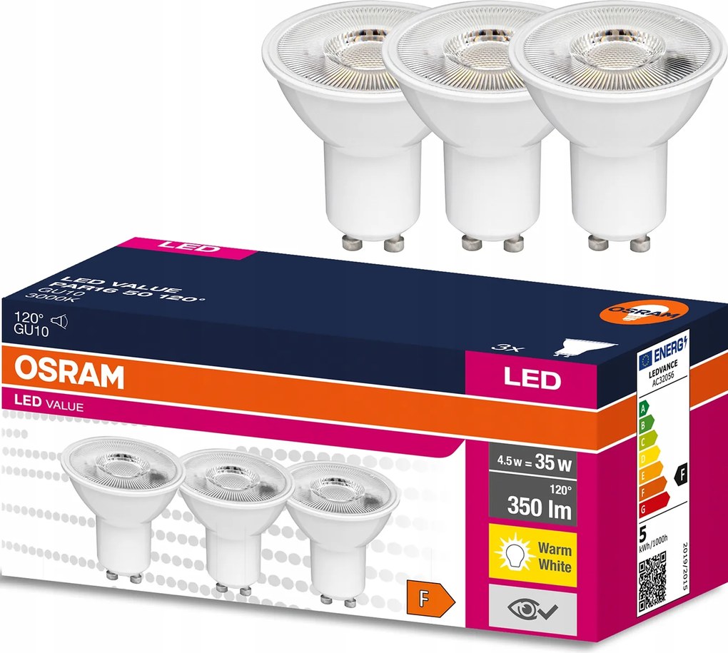 3x Led izzó GU10 4,5W 35W 3000K Osram Value
