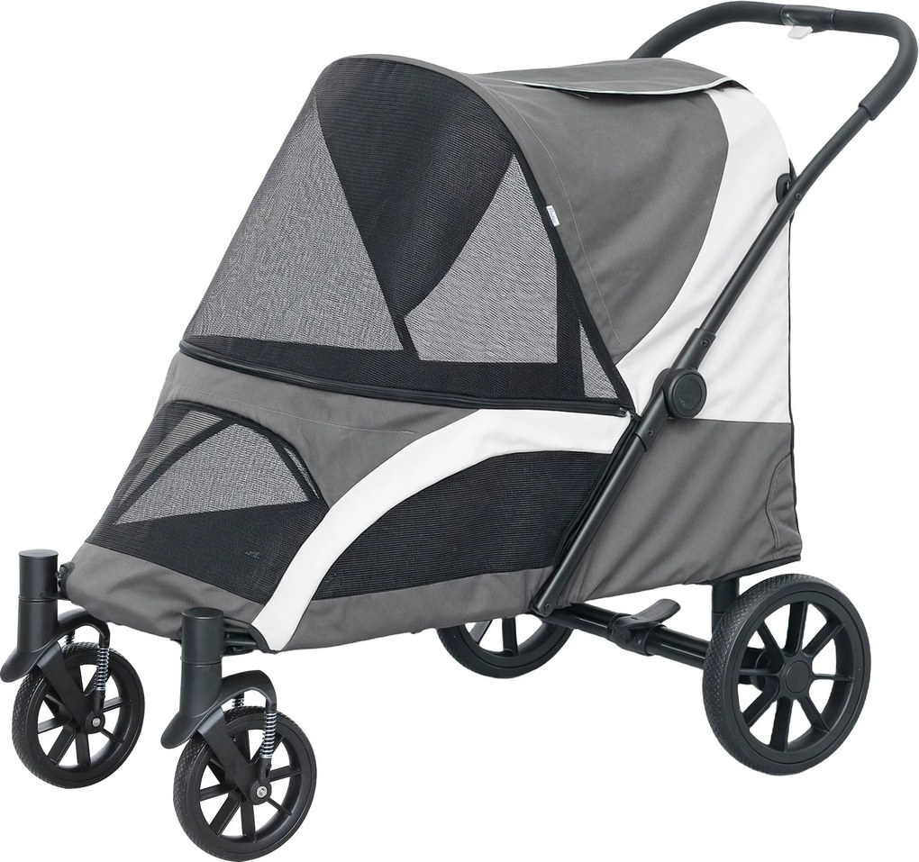 PawHut Összecsukható Kutya Babakocsi Nagy Kutyák & Macskák Számára 30kg-ig, Kutyakocsi Párnával, Hálós Ablakokkal, Ajtókkal, Tárolótáskával, Biztonság