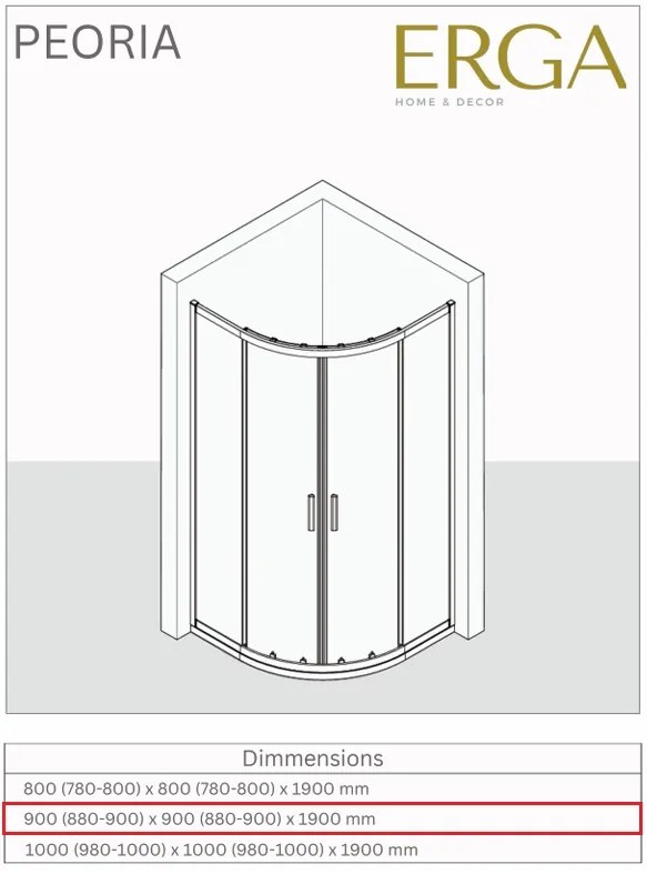 Erga Peoria, szögletes zuhany tolóajtóval 90 (ajtó) x 90 (fal) x 190 cm, 6mm átlátszó üveg, króm profil, ERG-Q02-PEORIA-D090D090-CL-CR