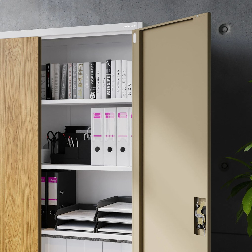 Fém irodai iratszekrény, széles, fehér/arany tölgy, 1150x1850x400 mm: JAN II Eco Design