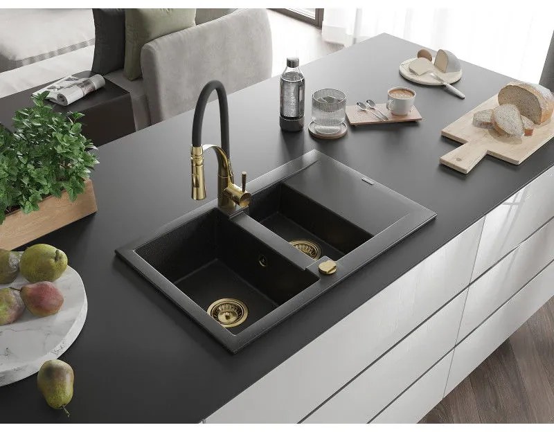 Mexen Gaspar, 1,5 kamrás gránit mosogató 737x475x177 mm és Aster mosogató csaptelep, fekete-ezüst metál, 6507-73-73450-57-G