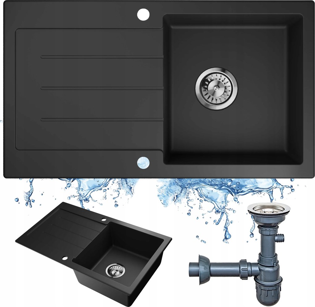 Fekete gránit mosogató, nagy, egy medencés konyhai mosogató szifon
