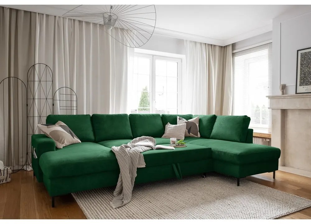 Sötétzöld kordbársony kinyitható sarokkanapé (jobb oldali) Lofty Lilly – Miuform