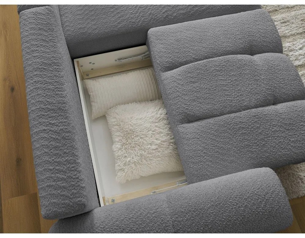 Szürke buklé kinyitható-tárolóhelyes sarokkanapé (jobb oldali-heverő résszel) Roxelane – Bobochic Paris