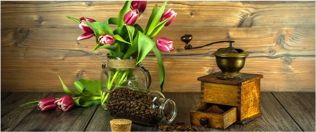 Tulipánok, daráló és kávé képe (120x50 cm)