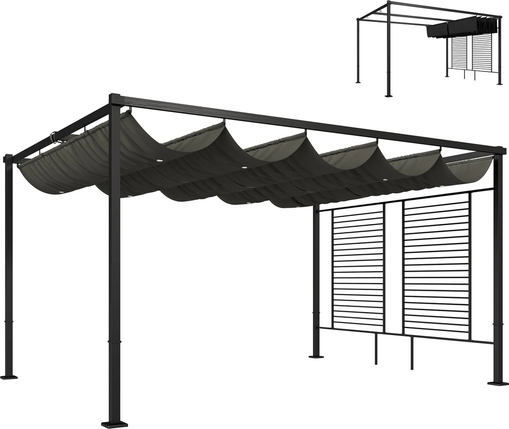 Outsunny pergola 3,87 x 2,97 m, állítható tetővel, 2 privát panellel, UV50+, szabadon álló — sötétszürke | Aosom