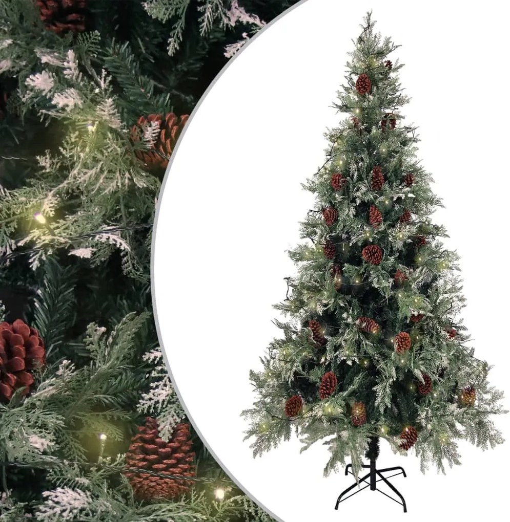 vidaXL zöld-fehér PVC és PE megvilágított karácsonyfa tobozzal 225 cm
