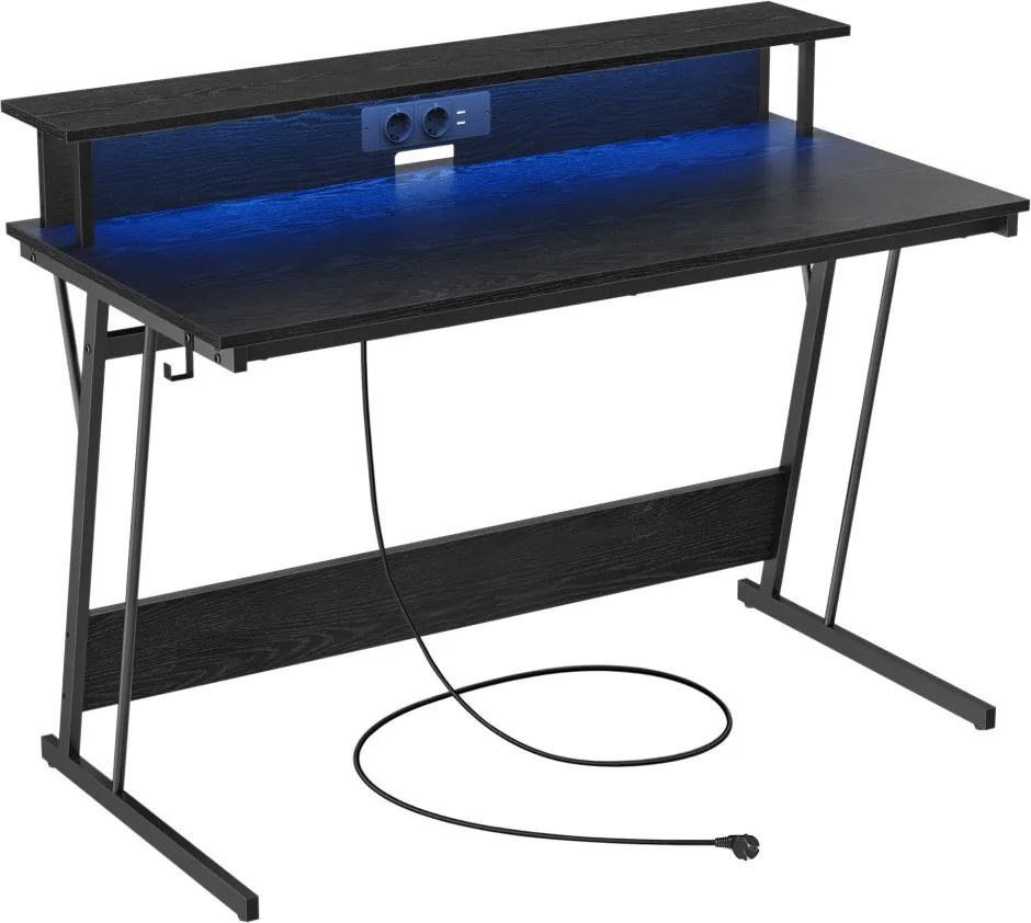 Számítógép asztal, gaming asztal, beépített LED fénnyel és elosztóval, fekete, 60x120x76cm