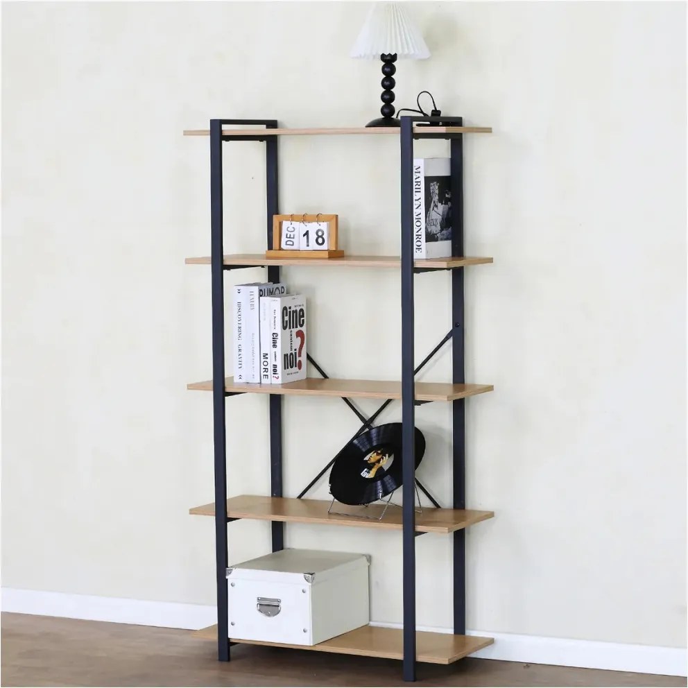Intenso Home 5 szintes tölgy színű nyitott könyvespolc 80 x 152cm | Univerzális tároló állvány fém lábakkal