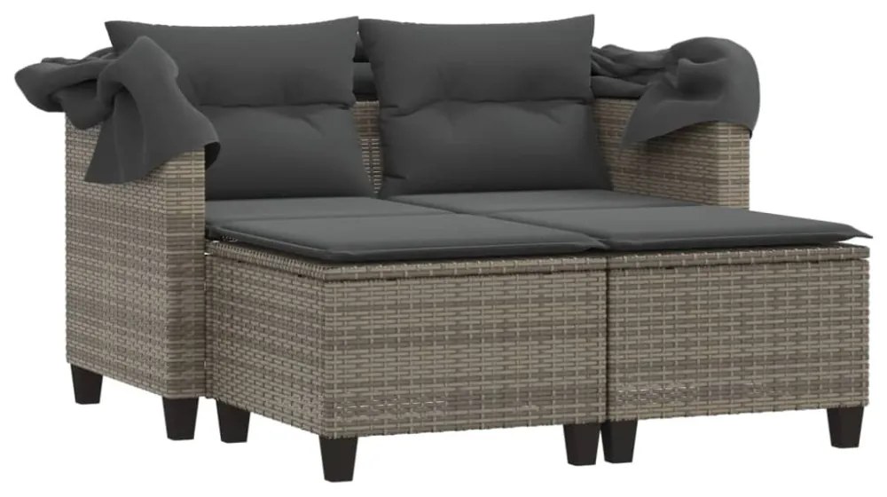 2 személyes szürke polyrattan kerti kanapé baldachinnal/székkel