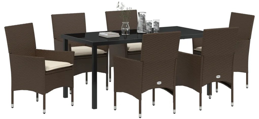 7 darabos Kert Étkezőszett párnákkal Barna Polirattan, Kerti Asztal Fekete 160x80x73 cm Temperált Üveg