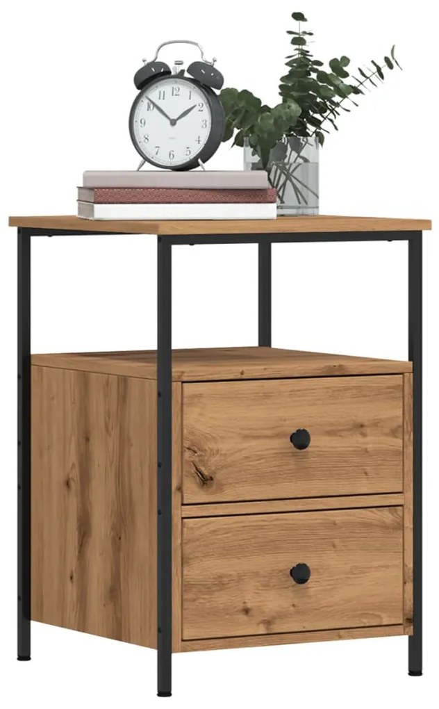 2 db kézműves tölgyszínű szerelt fa éjjeliszekrény 34x35,5x50cm