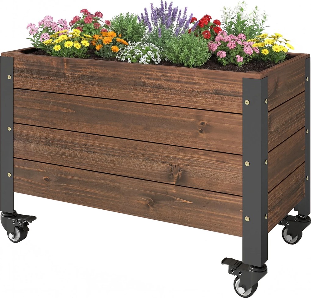 Outsunny emelt fa virágláda kerekekkel — téglalap alakú magaságyás fűszernövényeknek és zöldségeknek, 60 × 30 × 41 cm, sötétbarna | Aosom