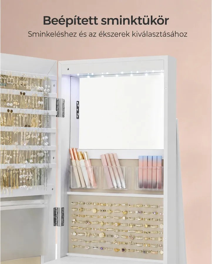 Ékszerszekrény, tükrös szekrény 360°-ban forgatható, fehér felülettel és greige