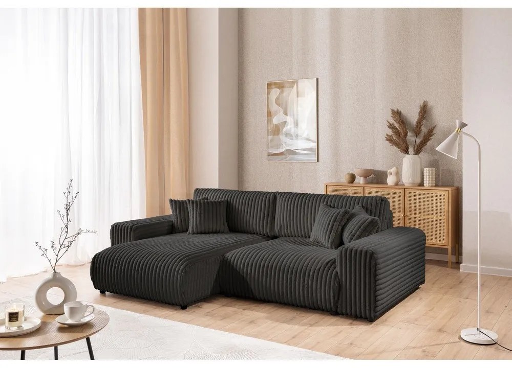 Sötétszürke kordbársony kinyitható-tárolóhelyes sarokkanapé (bal oldali) Sarina – Ropez