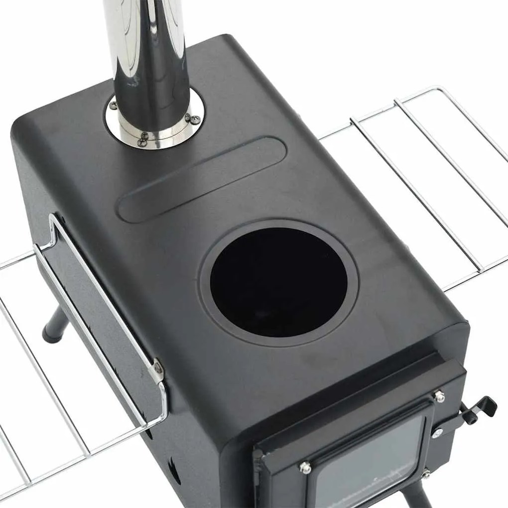 fekete acél sátorkályha kéménnyel és összecsukható lábakkal