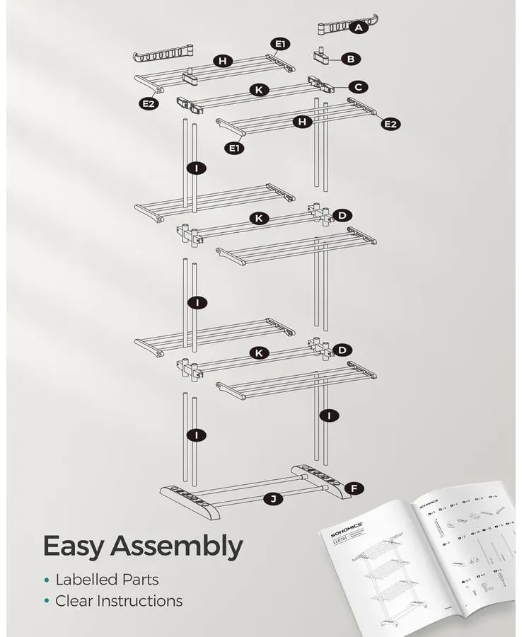 összecsukható 4 szintes ruhaszárító állvány, mozgatható, 64 x 126 x 172 cm, rozsdamentes acél, lehajtható szárnyakkal, szürke