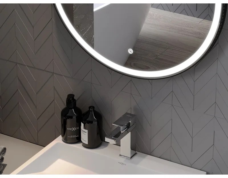 Mexen Reni, LED fürdoszobai tükör háttérvilágítással 70x70 cm, 6000K, fekete keret, páramentes, 9812-070-070-611-70