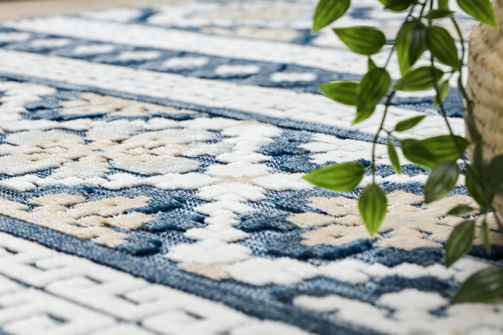 Szőnyeg Structural BOTANIC 65252 Boho, lapos szőtt az erkélyen, teraszon - sötétkék