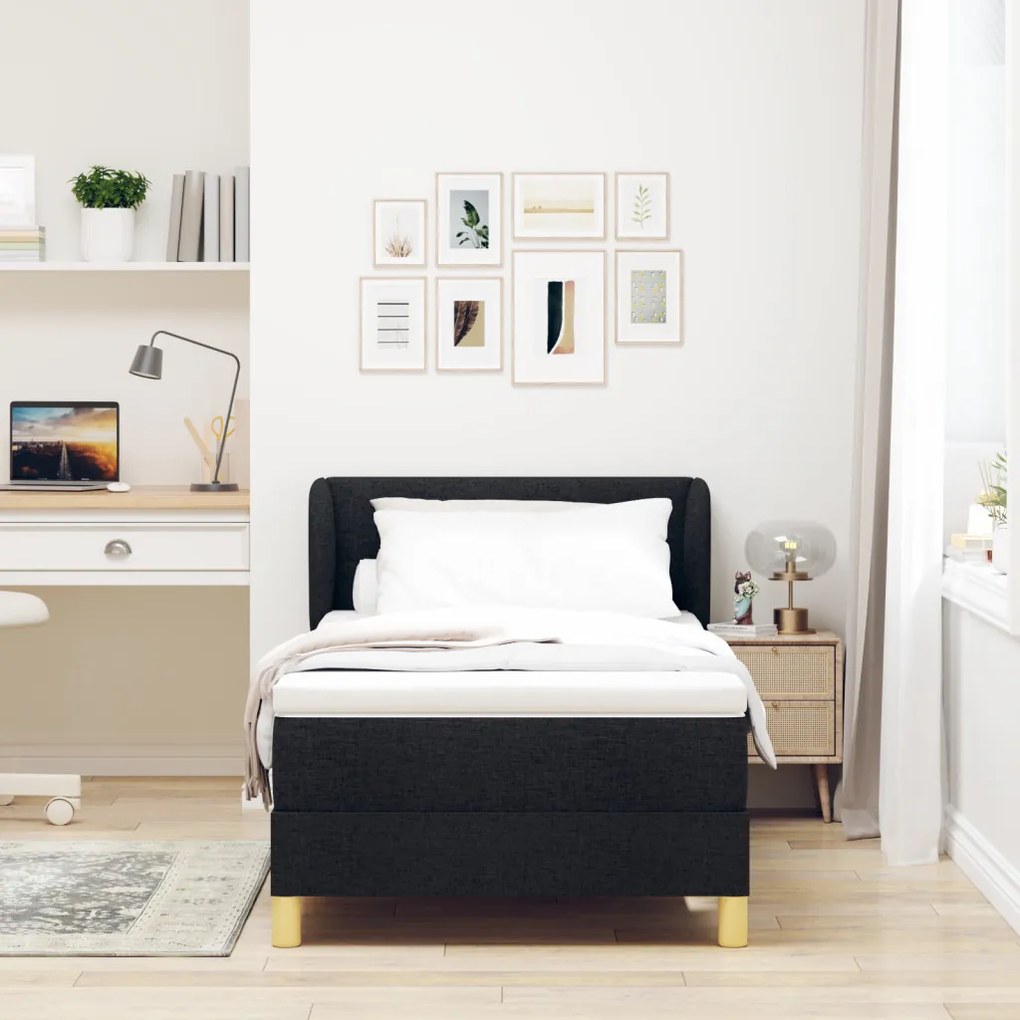 Boxspring Ágy Mattal - Fekete, 90x190 cm, Szövet