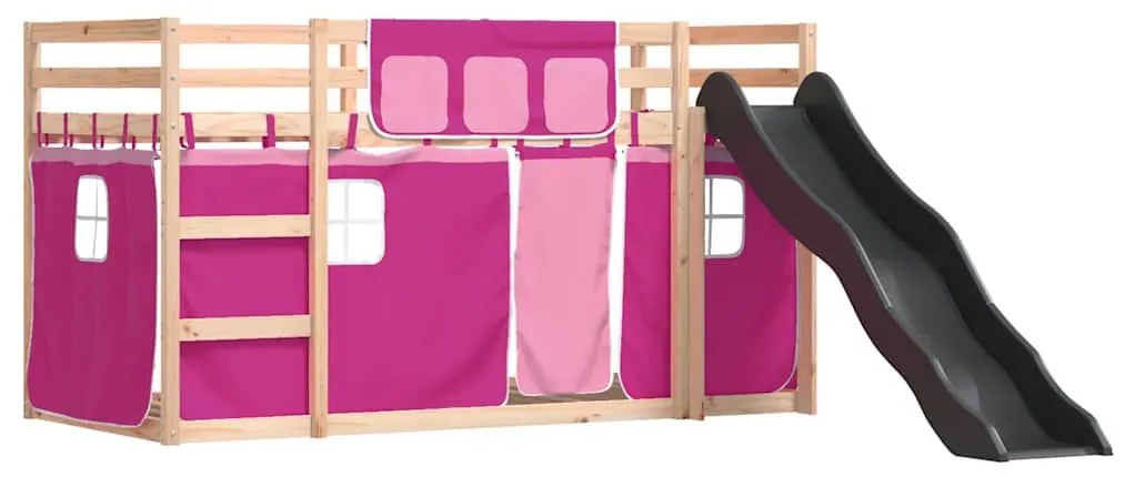 rózsaszín emeletes ágy csúszdával és függönnyel 80 x 200 cm
