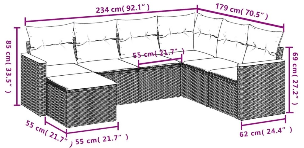 7 részes fekete polyrattan kerti ülőgarnitúra párnával