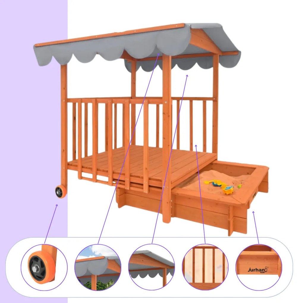 HAPPY homokozó verandával, tömör borókafenyőből 130 x 130 x 143 cm barna szürke Jurhan