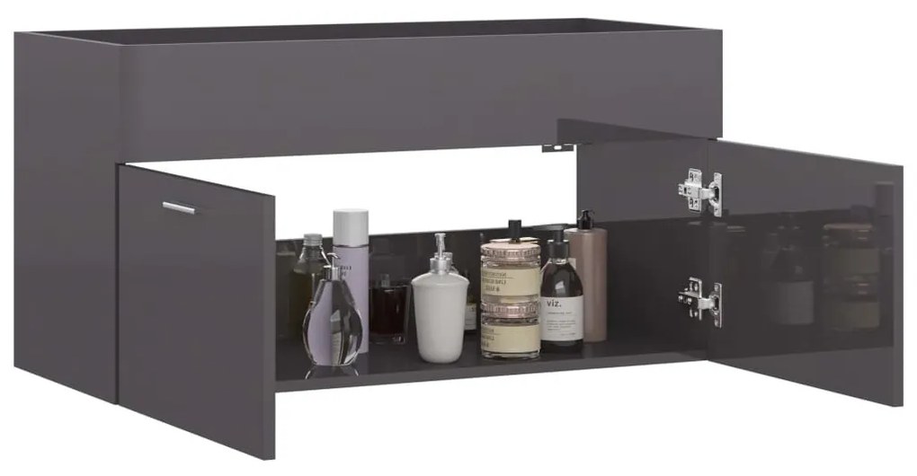 Magasfényű szürke szerelt fa mosdószekrény 90 x 38,5 x 46 cm