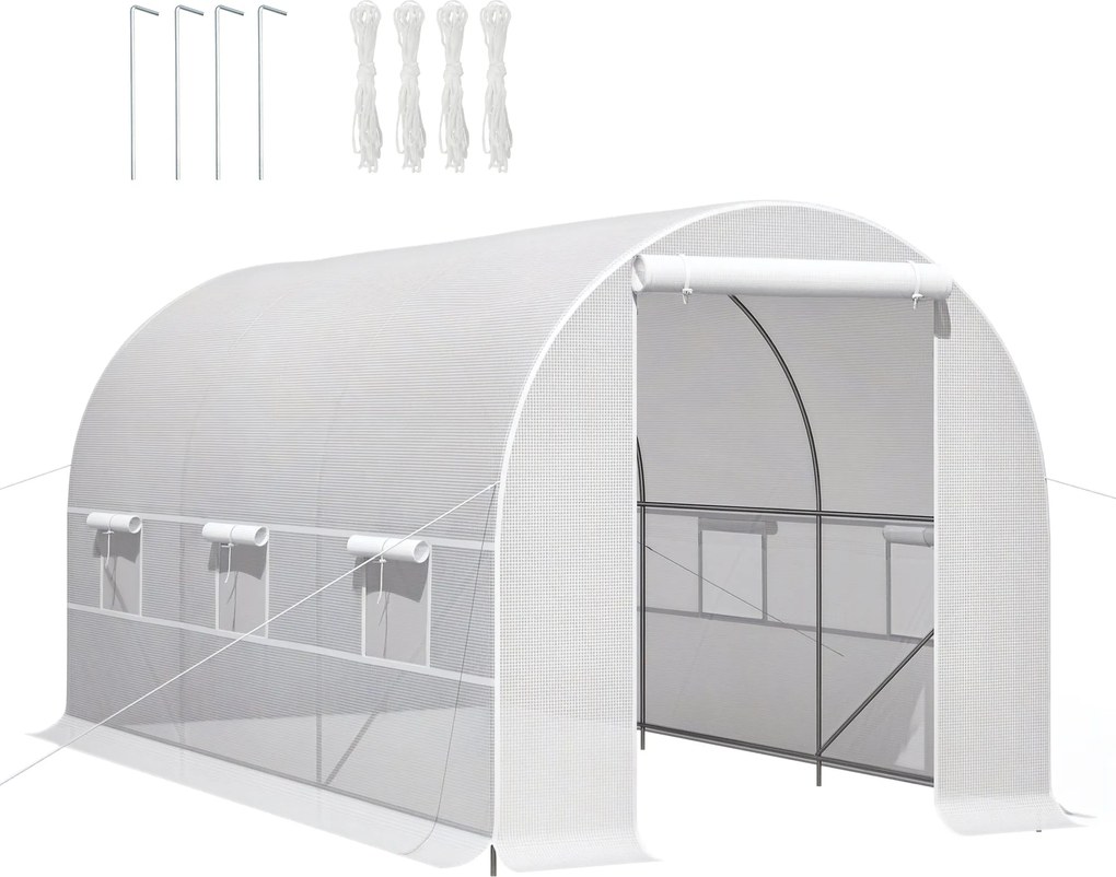 Outsunny 4x2x2 m Kültéri Üvegház Alagút 6 Felhúzható Fémablakkal és Cipzáras Ajtóval, UV-védett Zöldség Üvegház a Terasz Kerthez Fehér | Aosom