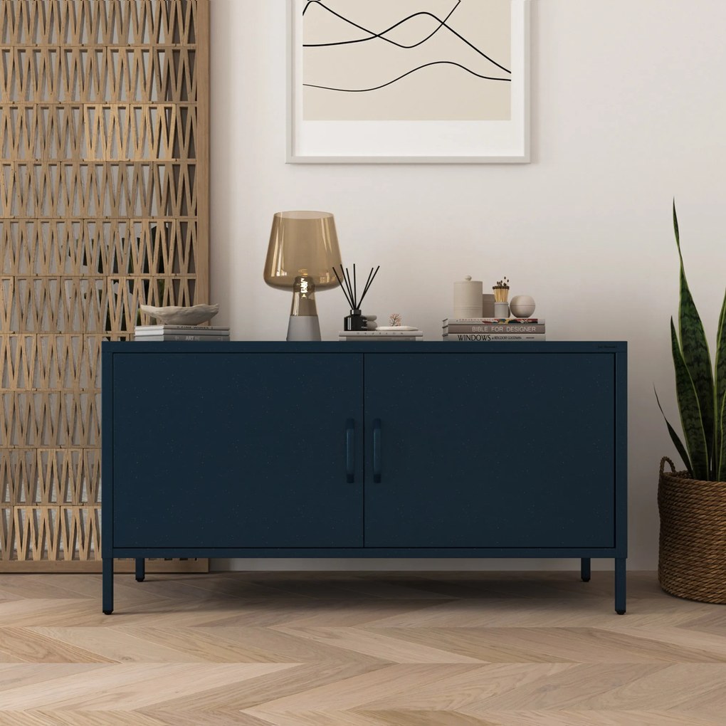 Fém TV-szekrény lábakkal, sötétkék, 1150x595x400 mm: ROSA Modern