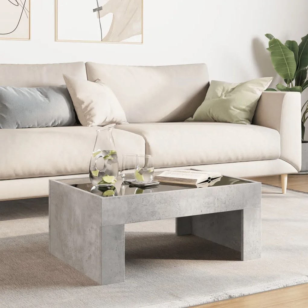 Betonszürke végtelen hatású LED-es dohányzóasztal 70x50x30 cm