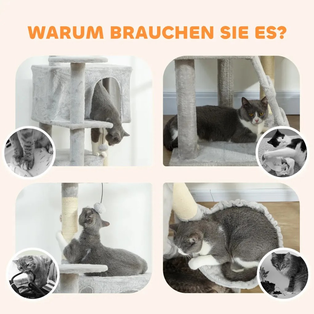 PawHut 160 cm-es macskafa, szizál kaparófák, barlangok, plüss platformok, függőágy, létra, játéklabdák