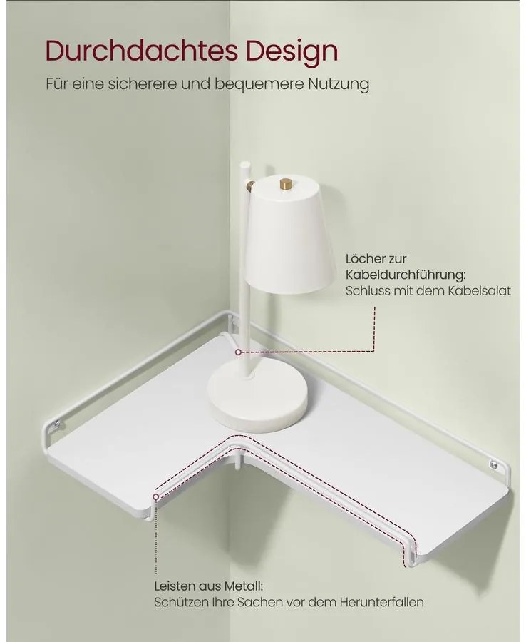 Lebegő polcok, 2 darabos készlet, l-alakú sarokpolc falra fehér színben