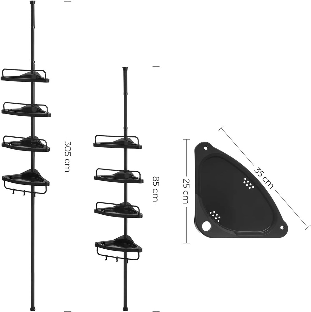 Zuhany sarokpolc, 4 szintes fürdőszobai zuhanypolc 85-305 cm, Fekete