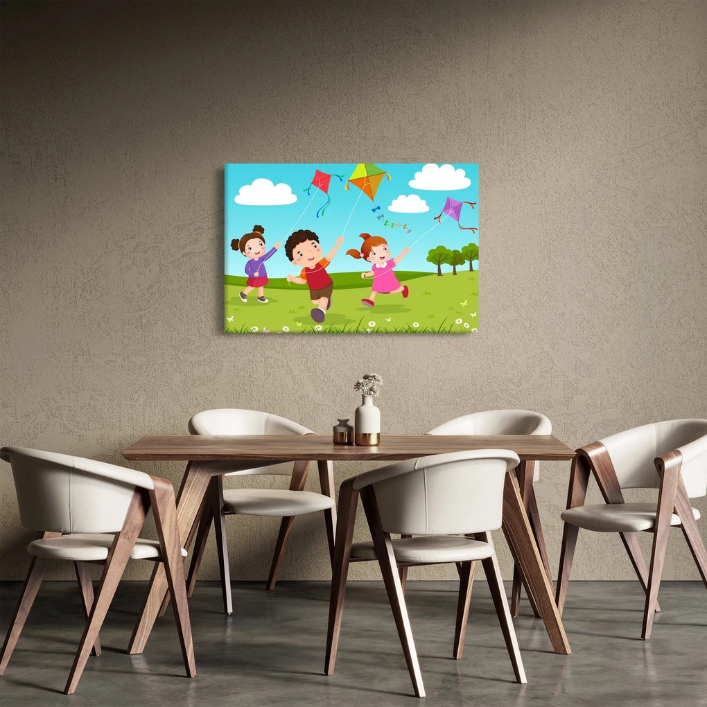 Kép - Sárkányrepülőt éngedő gyermekek (90x60 cm)