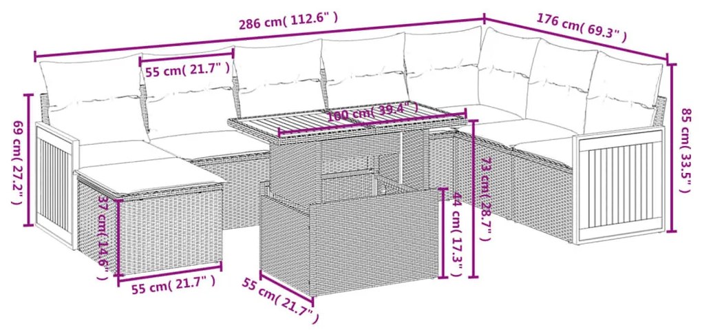 9 részes bézs polyrattan kerti ülőgarnitúra párnákkal