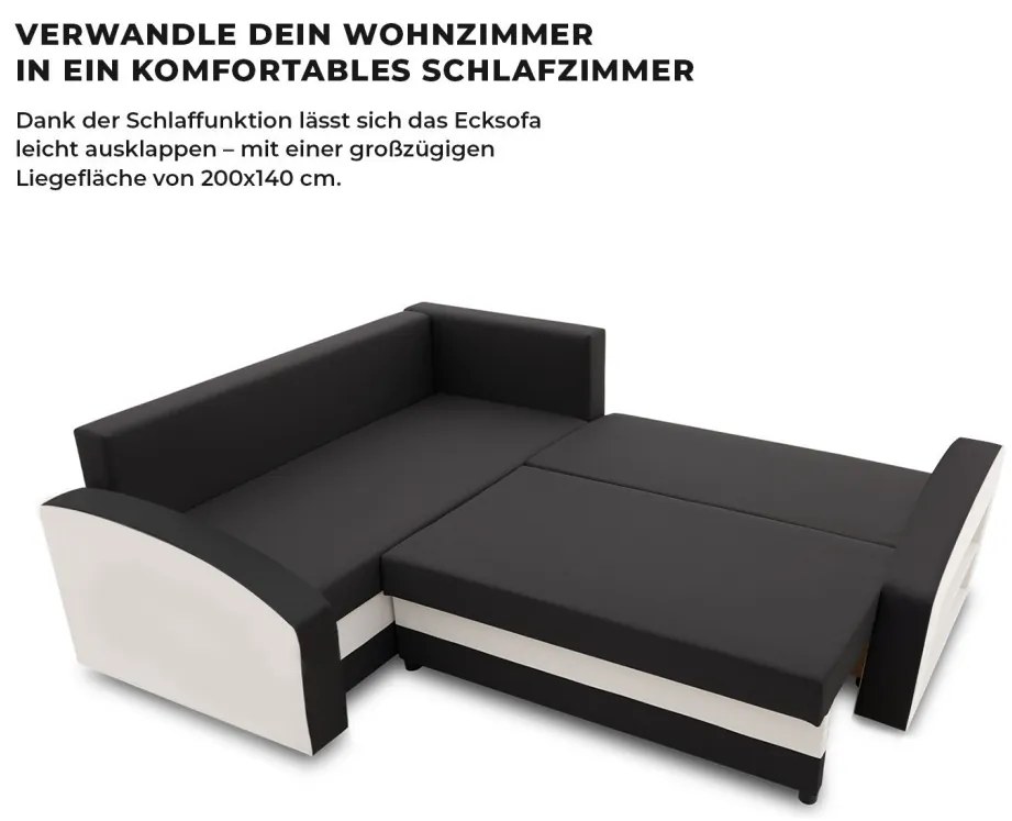 Grande sarokkanapé polcokkal , polc a jobb karfaban, baloldali, szövet anyag, bonell töltet, fekete - fehér