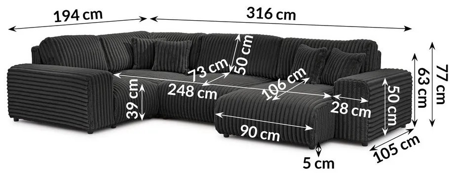 Sötétszürke kordbársony sarokkanapé (bal oldali-U alakú) Justin – Ropez