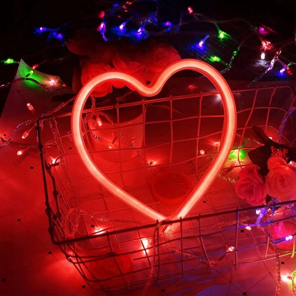 2 db-os piros neon Led szív lámpa szett elem/USB dekoráció