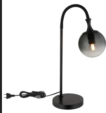 Globo 15885T Asztali lámpa fém fekete matt, füstszínű üveg búra, fekete PVC kábel, billenőkapcsoló a kábelen, HxSzxM: 225x180x575mm, kábel hossza 1800mm, 1x E27 ILLU 10W 230V izzó nélkül