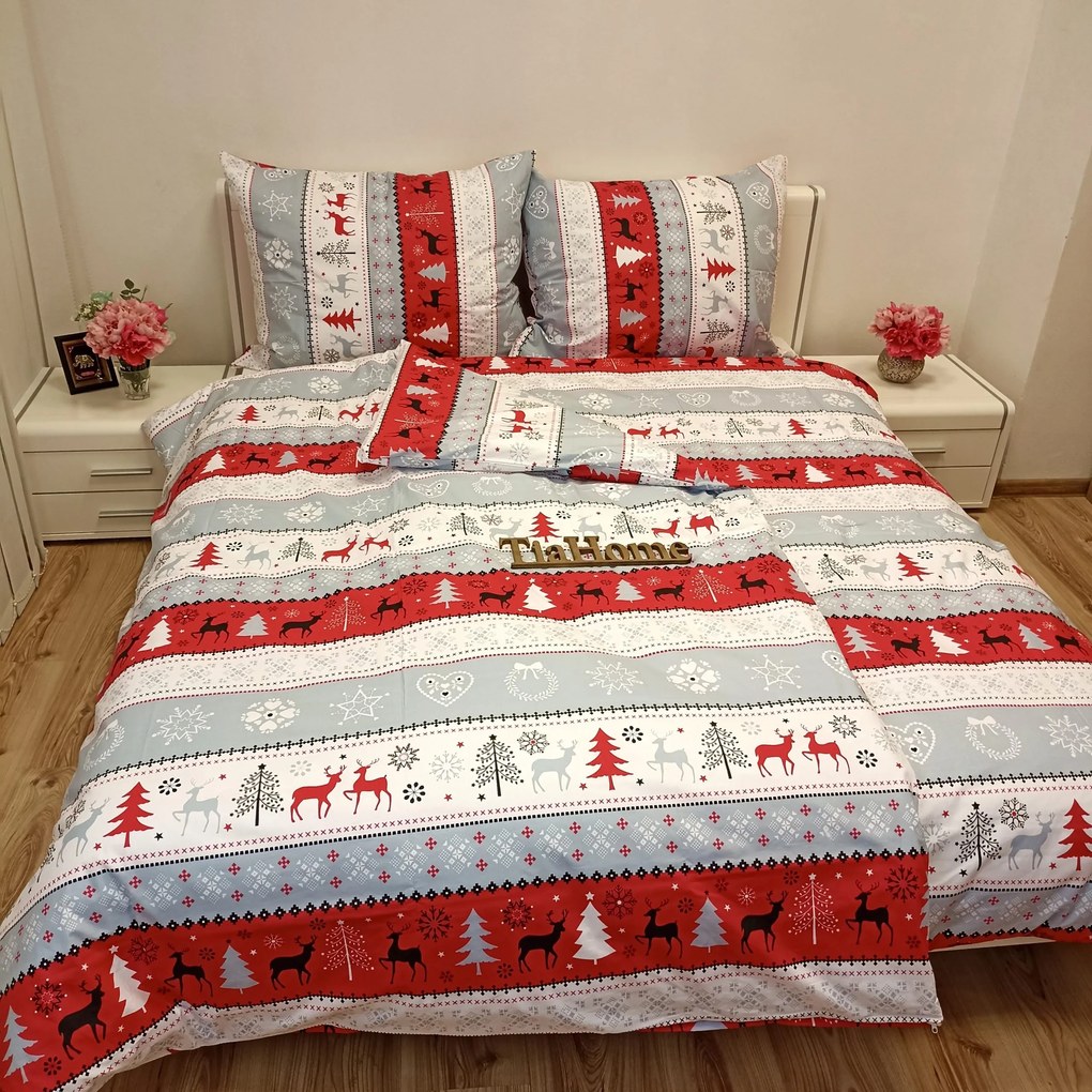 Pamut lepedők Karácsonyi hóember piros TiaHome - 1x Párna 90x70cm, 1x Paplan 140x200cm