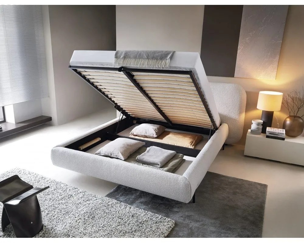 Bézs kárpitozott ágyneműtartós franciaágy ágyráccsal 160x200 cm Pointt – ELTAP