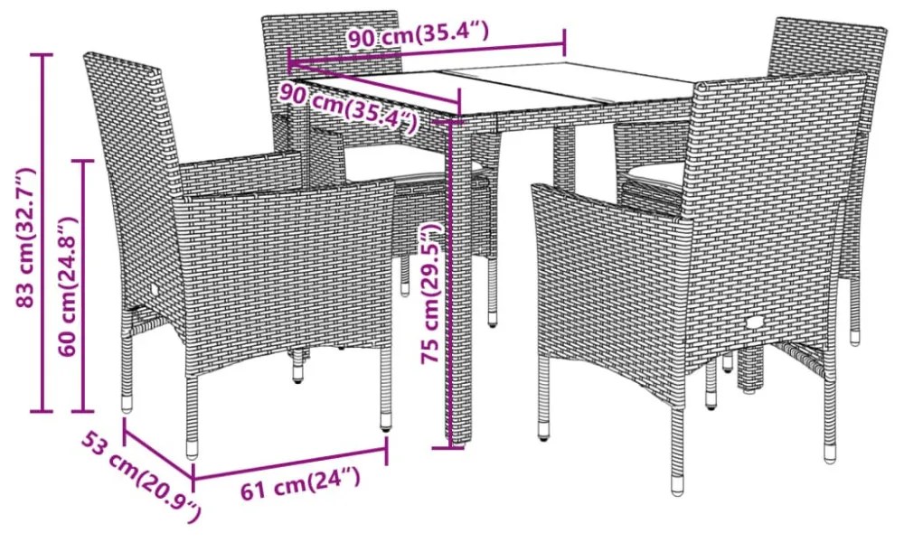 5 részes fekete polyrattan/üveg kerti étkezőgarnitúra párnákkal