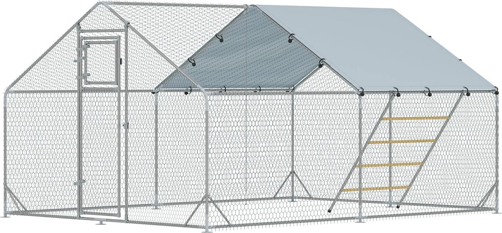 PawHut Kültéri Tojótyúk Ketrece 3x4x1.95 m Horganyzott Acél Tojótyúk Ketrec Függő Etetővel Multifunkcionális Ülőke UV- és Vízálló Borítással Nyulaknak