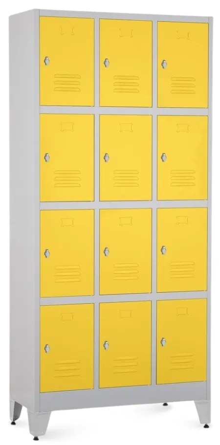 Fém szekrény - 12 doboz, 90 x 40 x 196,5 cm, helyreigazítással, lakathoz zár, sárga - ral 1023