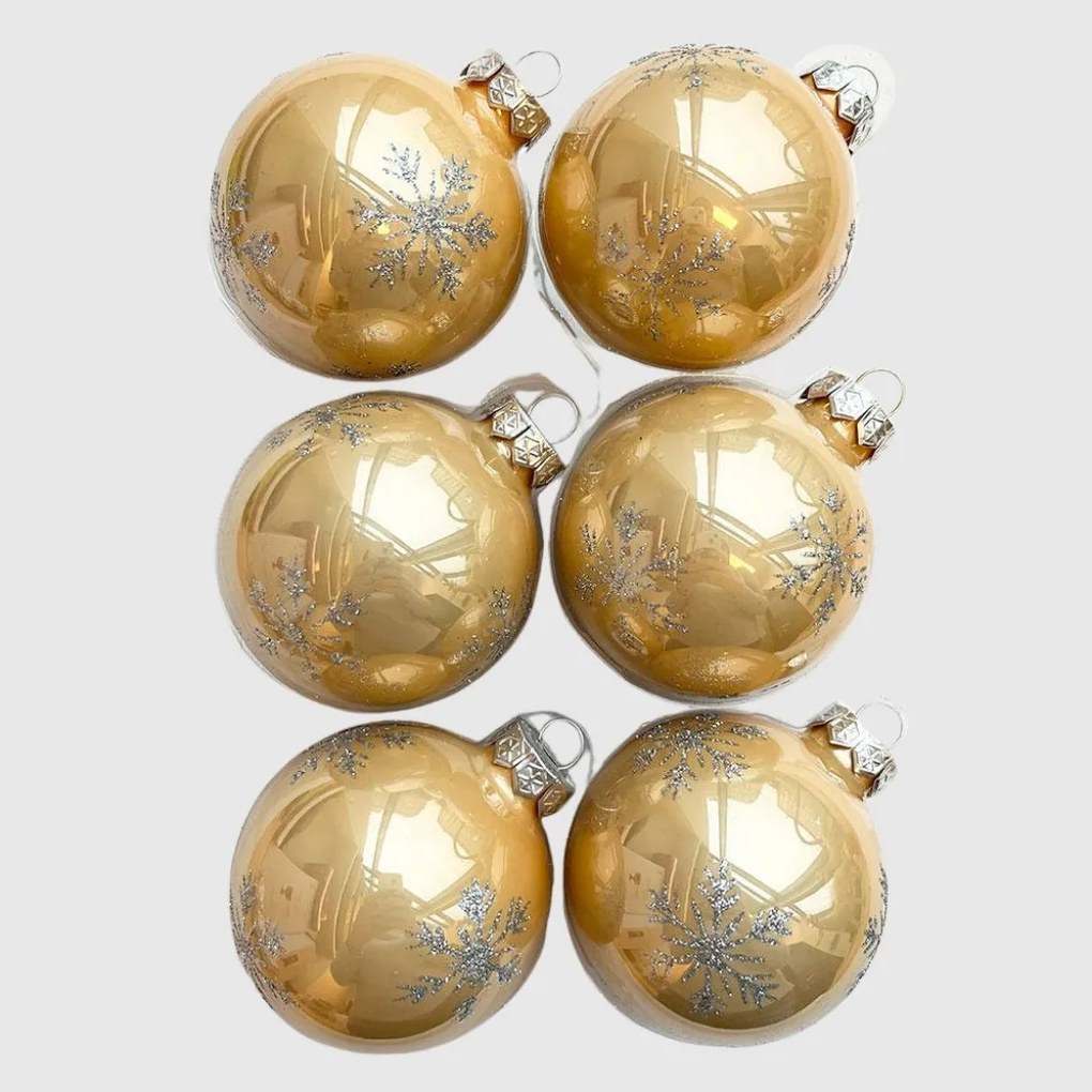 Gold snowflake pezsgőszínű kézzel festett üveg karácsonyi gömb szett 6*7cm